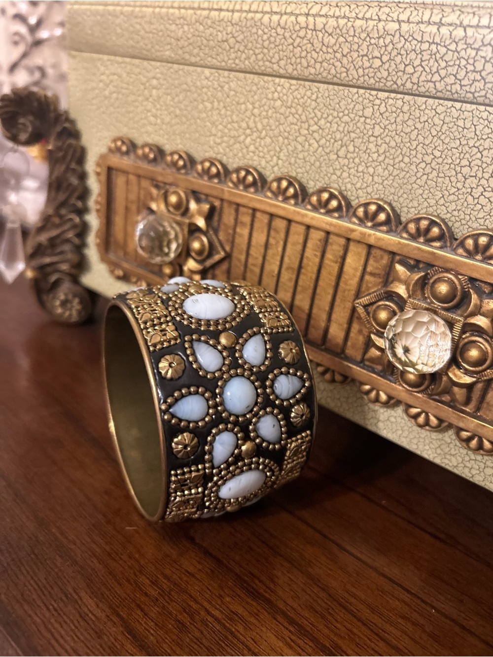 Beautiful!! Vintage Handmade Cuff Bracelet. Artisan Brass, Stones, Studs Boho